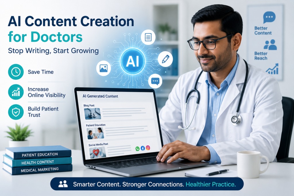 AI content creation for doctors
Medical content writing India
Blog writing for doctors
SEO content for clinics
WhatsApp broadcasts for doctors
Google ranking for doctors
Patient education content